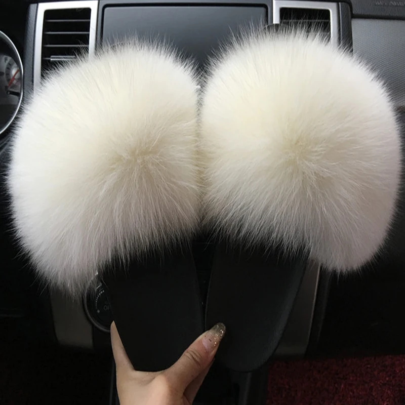 Summer Fox Fur Slides Fluffy Women Designer Luxury Cute Plush Real Fur Slippers Female Furry Sandals Home Flats Wholesale