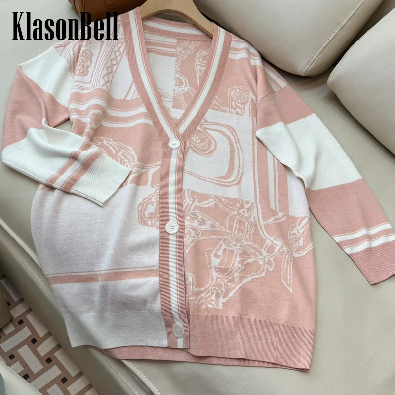 

9.18 KlasonBell Women's Elegant Geometric Pattern Mid-Length Knit Cardigan V-Neck Single Breasted Wool Blend Comfortable Coat