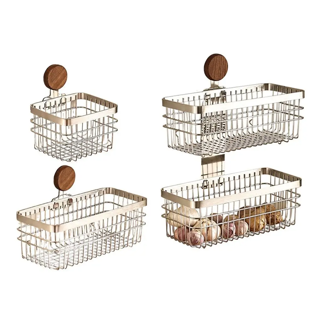 

Stainless Steel Wall Hanging Storage Basket Walnut Self-adhesive Kitchen Wall Hanging Rack Draining Removable