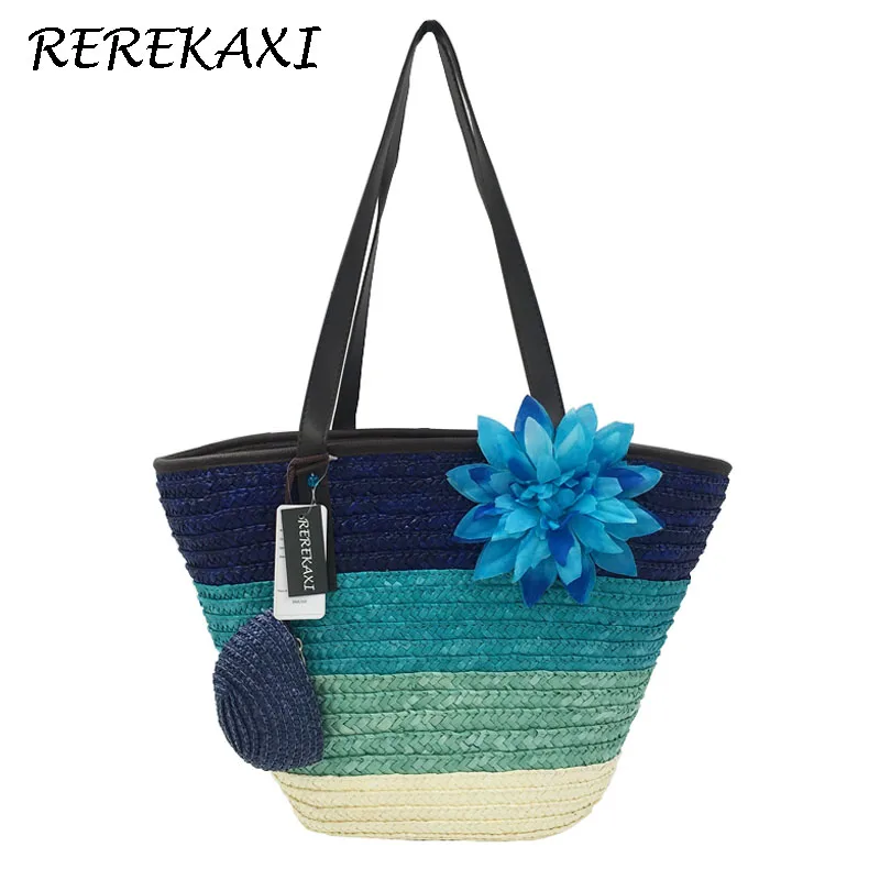 Summer Knitted Straw Bag Wheat Pole Weaving Women\'s Handbags Flower Bohemia Shoulder Bags Female Beach Bag Large Capacity Tote