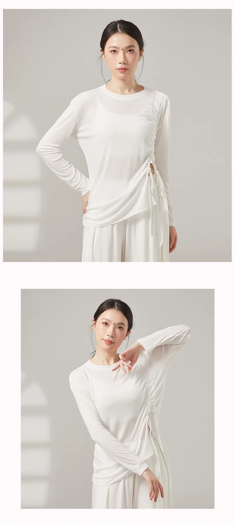 Damen Modernes Klassisches Tanz-Oberteil mit Kordelzug, Weiches Lyocell-Polyester T-Shirt, Atmungsaktives Schweißabsorbierendes Ballett-Tanztop – Detail 3