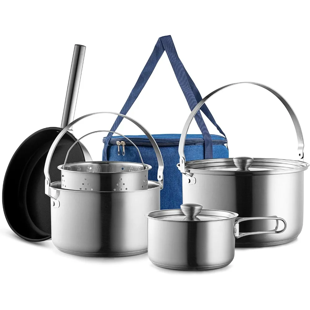

Camping Cookware 304 stainless steel 8-piece pot and pan Cooking kit | Skillet steamer with travel tote bag
