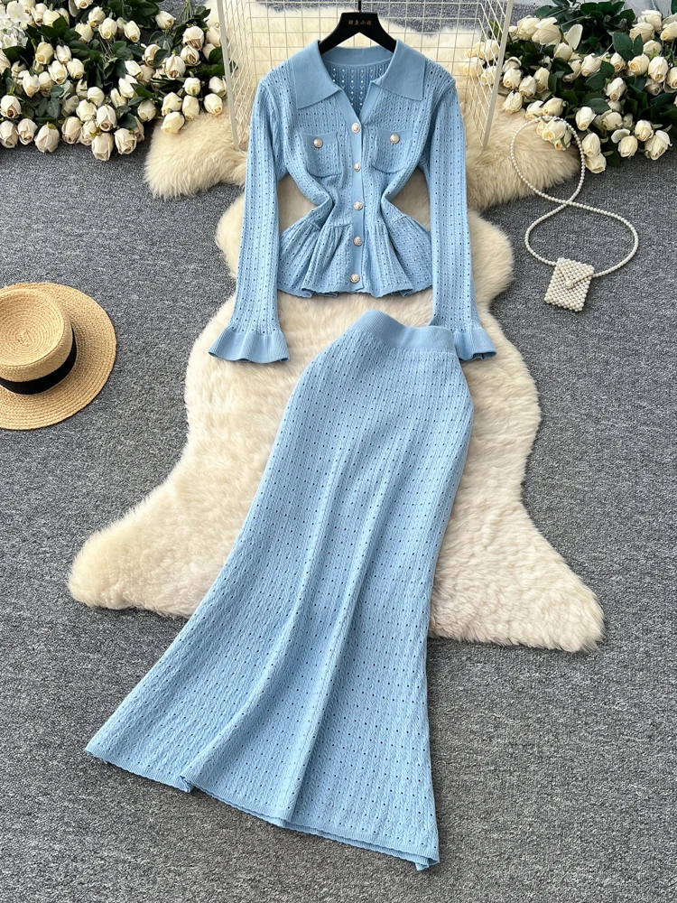 

Knitted Long Sve High Waist Bodycon Skirt Set with Metal Bule Turn-down Collar Top And f-length Skirt for W...