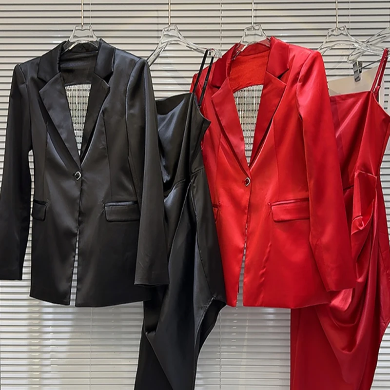

2025 Spring New Celebrity Tassel Diamond Chain Open Back Suit Coat+Strap Dress Set Elegant Temperament Fashion Set