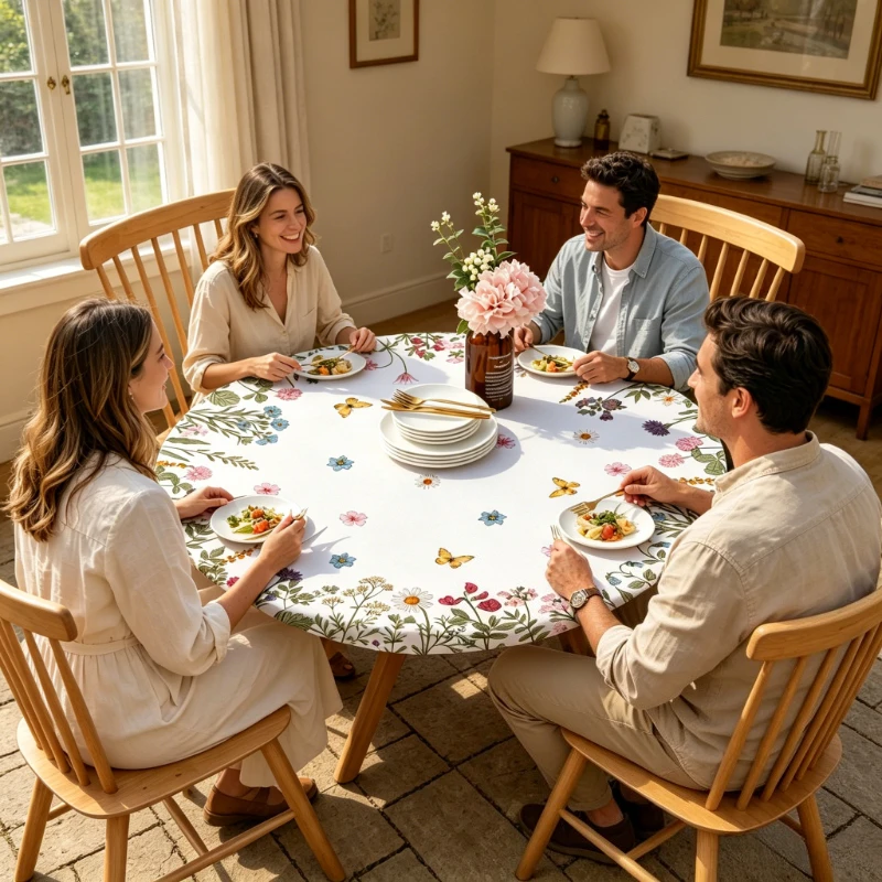 60/90/120/150cm Floral Round Fitted Table Cover Elastic Edge Tablecloth with Butterfly Print Washable Fabric for Dining Table