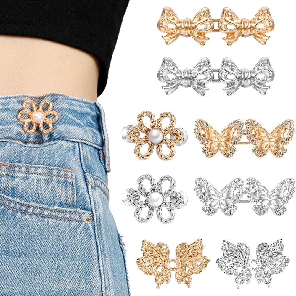 2sets Pant Waist Tightener Adjustable Waist Buckle Set No Sewing Pants Clips Tightening Waistband Jean Buttons for Skirts Sleeve
