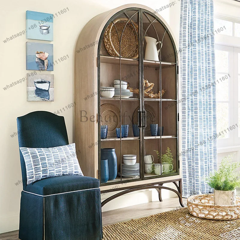 

American light luxury solid wood glass door decorative cabinet French retro arched display cabinet