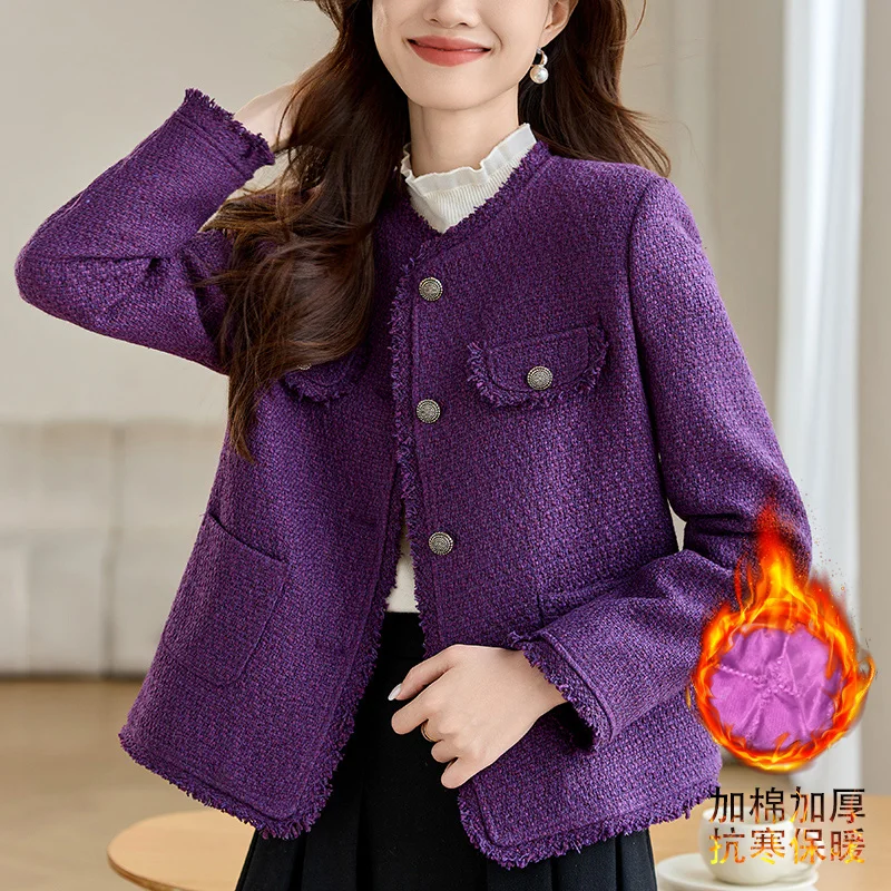 2024 New Autumn Winter Women Single Breasted Short Jacket High Quality Korean Fashion Thicken Purple Tweed Jacket S-2XL