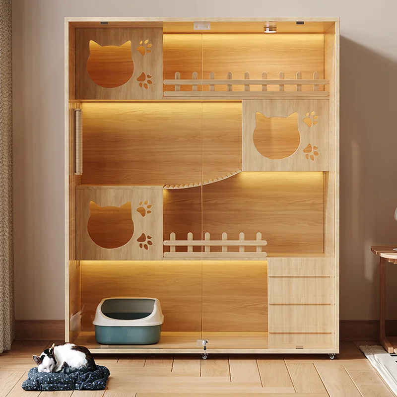 

Cat house cat villa integrated with door large free space household three-layer solid wood panoramic cat nest
