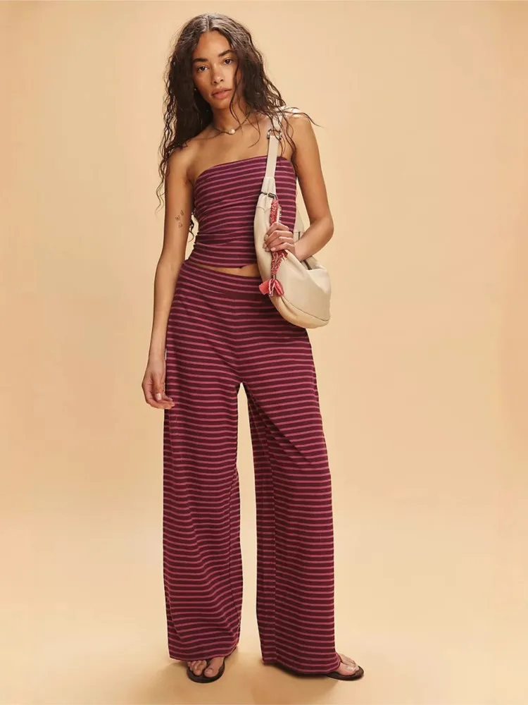

Sexy Slim Casual Striped Suit Women's Personality Street Color Block Bra Top Fashion Elastic Wide-leg Trousers Two-piece Set