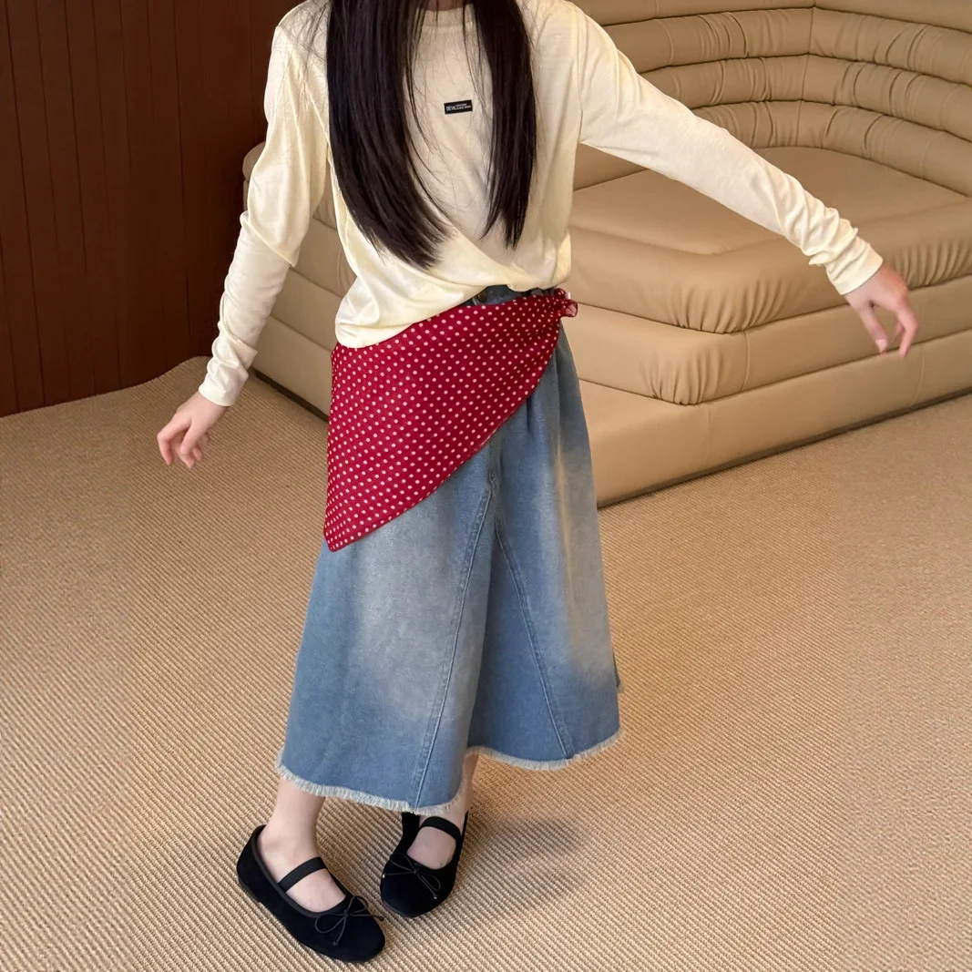 

Girls Half Skirt Washed and Worn Denim Port Style Retro Fashion A-line Fringed Long Skirt Versatile for Daily Wear