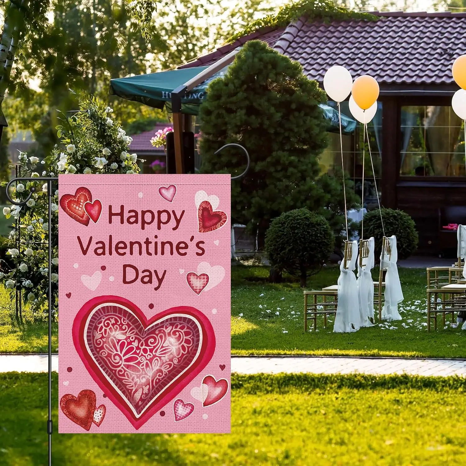 Heyfibro Happy Valentine's Garden Flag 12 x 18 Inch Double Sided Burlap, Heart Pattern Yard Banner Party Supplies for An YYD EEZ