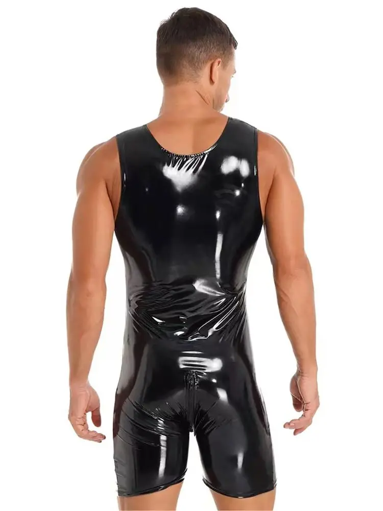 S-7XL Sleeveless Wet Look PVC Playsuits Catsuit Shiny PU Leather Zipper Open Crotch Bodysuit Tight Sexy Hot Shapers Bodybuilding