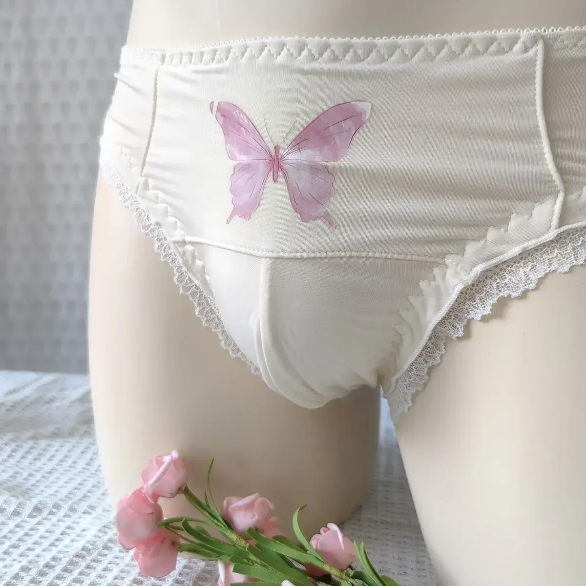 Slip da uomo sexy con stampa a farfalla in pizzo a vita alta elastico in vita BF Harajuku Live Show Costumi di danza Mutandine