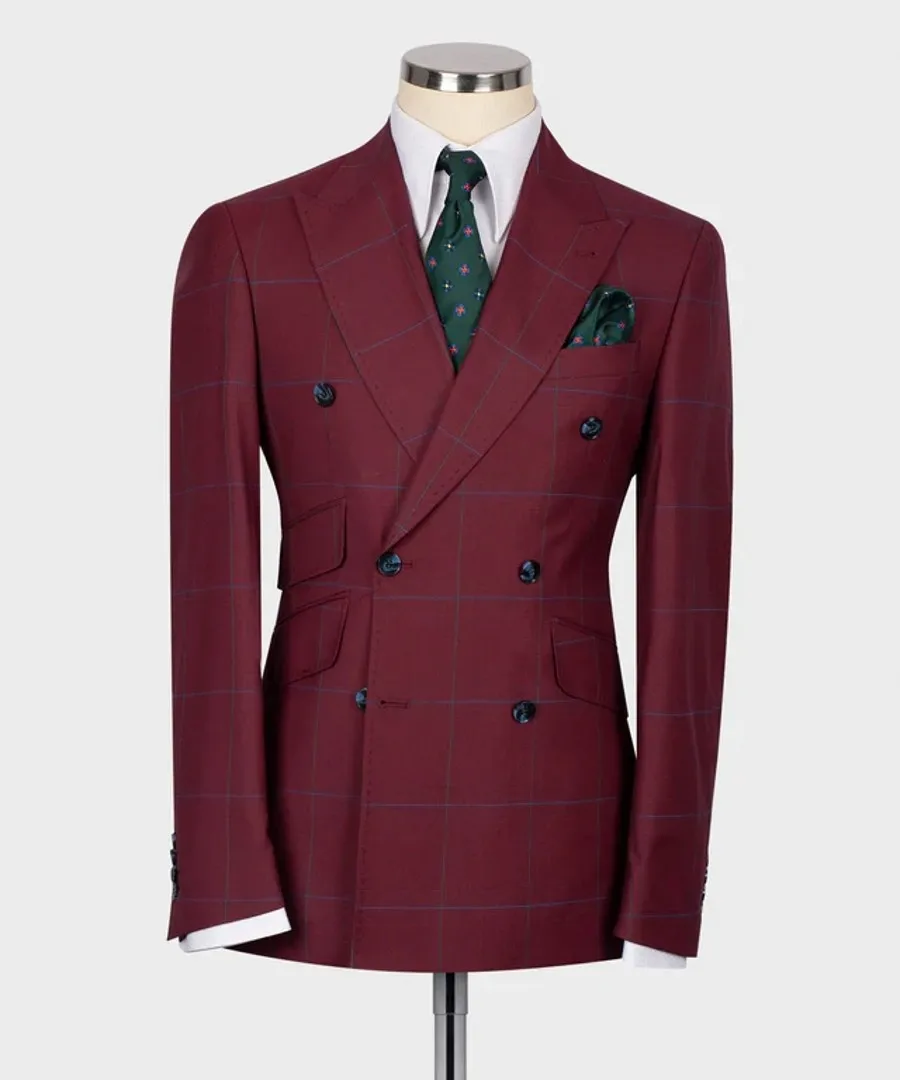 Abito da uomo bordeaux scozzese doppiopetto per matrimonio Slim Fit 2 pezzi pantaloni Blazer abbigliamento da lavoro abiti da uomo eleganti per feste formali