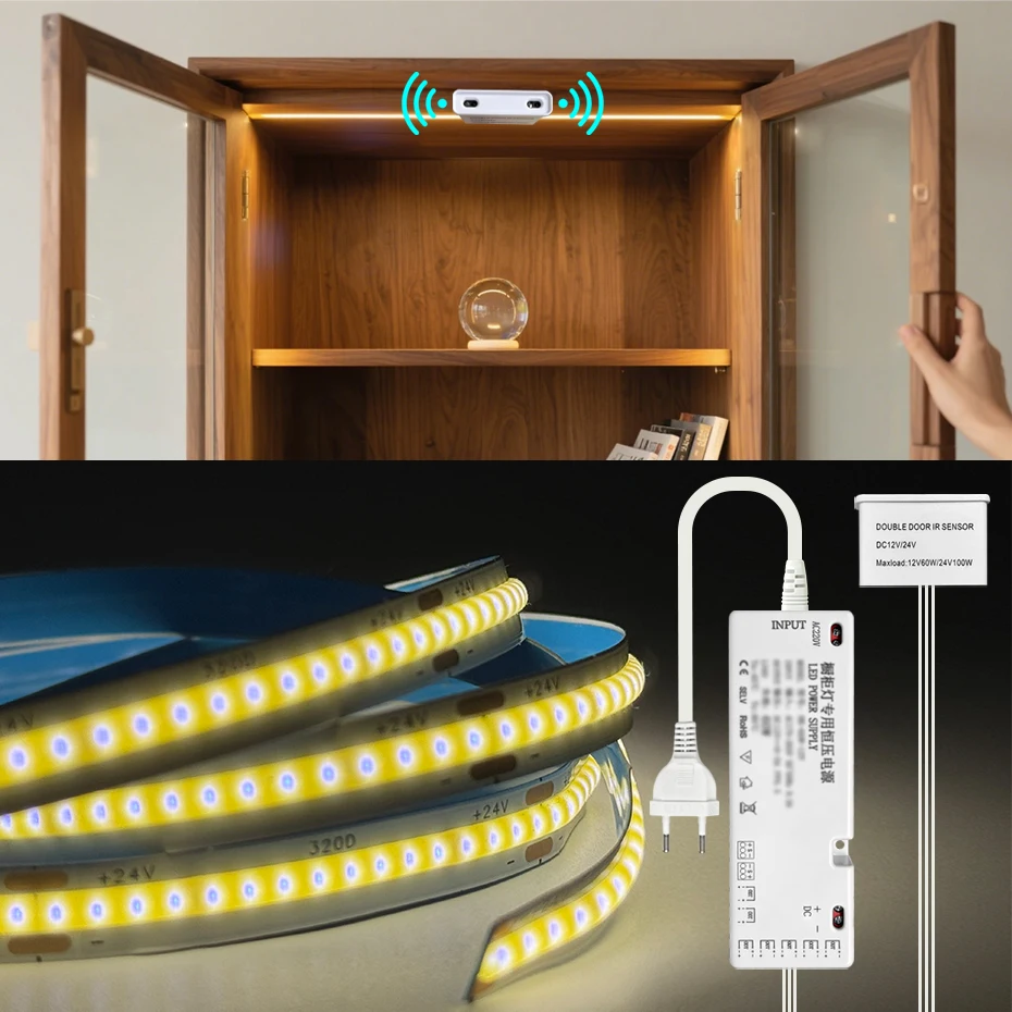

Светодиодная лента COB DC12V, 320 светодиодов/м, с двойным датчиком движения, автоматическое включение/выключение для освещения шкафов, гардеробных, кладовых, 1-5 м