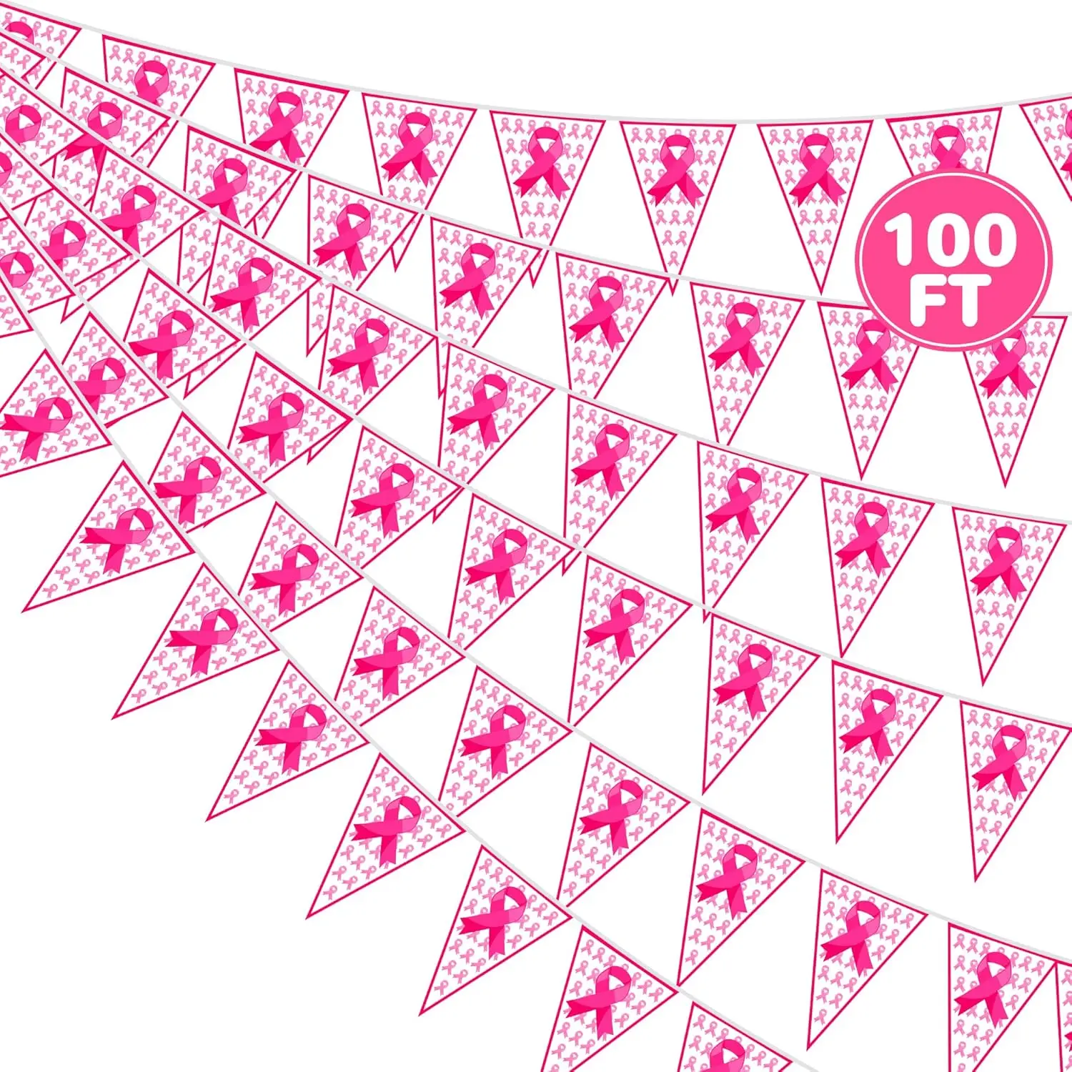Banner de concientización sobre el cáncer de mama, banderas de cinta rosa de 100 pies, decoración preensamblada de 60 piezas para fiestas en interiores y exteriores, oficina en casa