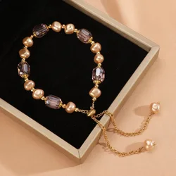 Pink Irregular Imitation Baroque Pearl Chain Bracelets for Women Purple Crystal Beaded Adjustable Bracelets Bangles Hand Jewelry