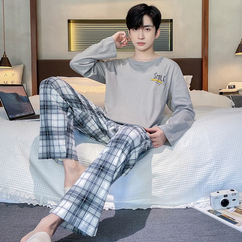 Plaid Men Pajamas Set Casual Male Sleepwear Autumn Winter Long Sleeves Long Pants Soft Pyajmas Boys Pijamas Blue Cozy Cotton Pjs