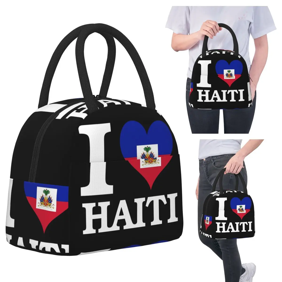 

I Love Haiti Flag Insulated Lunch Bag for Women Office Cooler Thermal Food Box Tote Portable Lunch Boxes Container