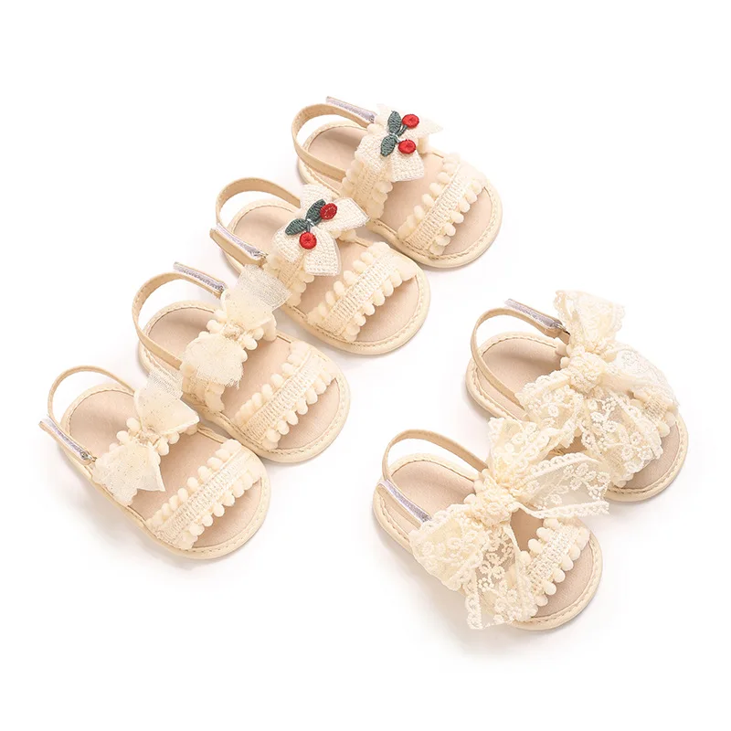 

Летние детские туфли 2026 для девочек 0-1 год: милый дизайн с вишнями, бантом и шнуровкой, нескользящая мягкая подошва