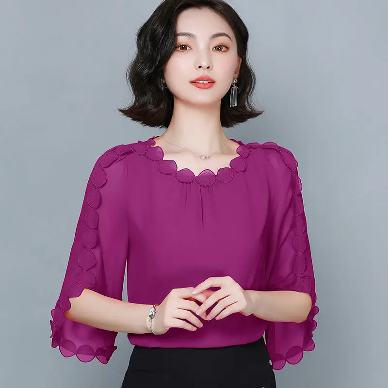 2023 New Oversized Womens Chiffon Blouses Summer O-Neck Solid Color Short Sleeve Chiffon Shirt Loose Female Tops Blusas De Mujer