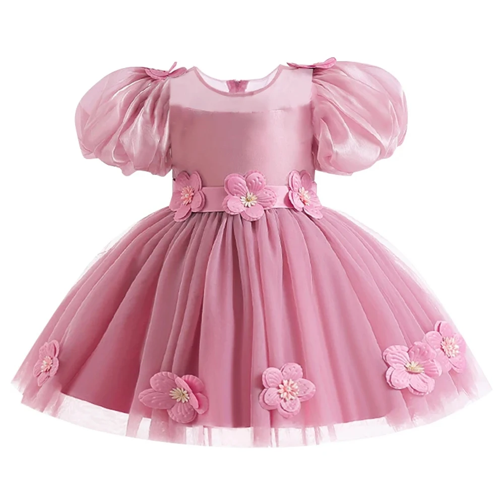 

Pink Flower Baby 1st Birthday Party Girls Dresses Wedding Gown Toddler Bow Princess Dress For Baby Puff Sleeve Bridemaid Costume