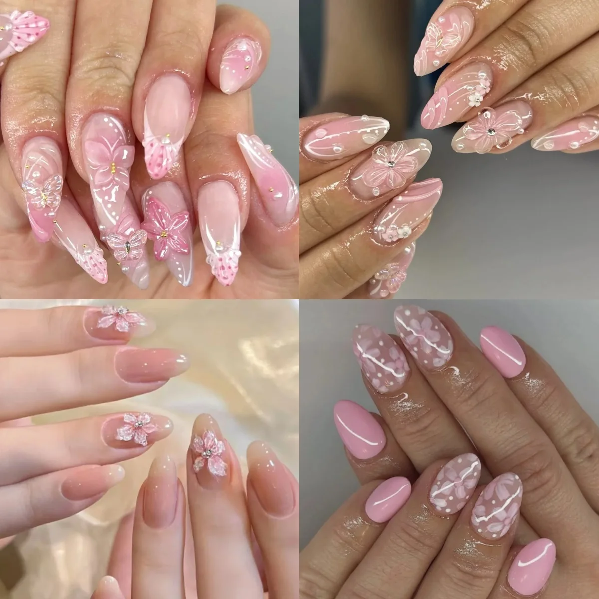 

Pink Flower Long Pointed Fake Nails Art Bowknot Sweet Almond False Nails Press on Nails Charms for Manicure Tool Wholesale Woman