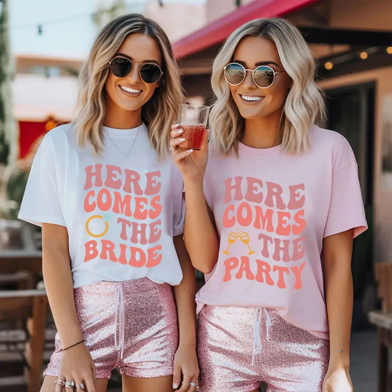 Here Comes The Bride T-shirt for Women Bachelorette Hen Party Tees Bridal Shower Wedding Tops Funny Team Bride Bridesmaid Shirt