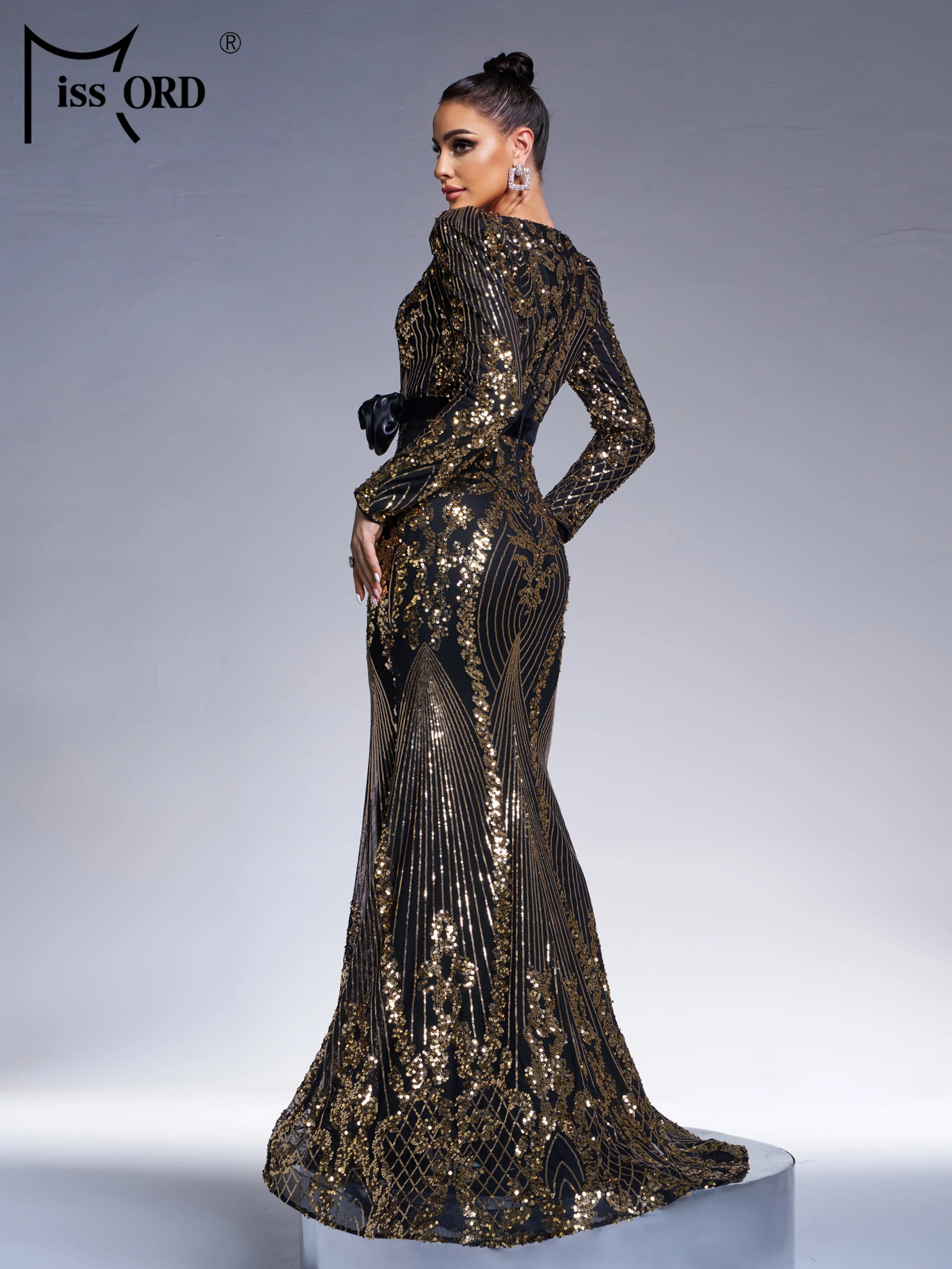 Missord V Neck Long Sleeve Mermaid Evening Gown Geometric Sequin Wedding Birthday Party Formal Occasion Stage perform Dresses