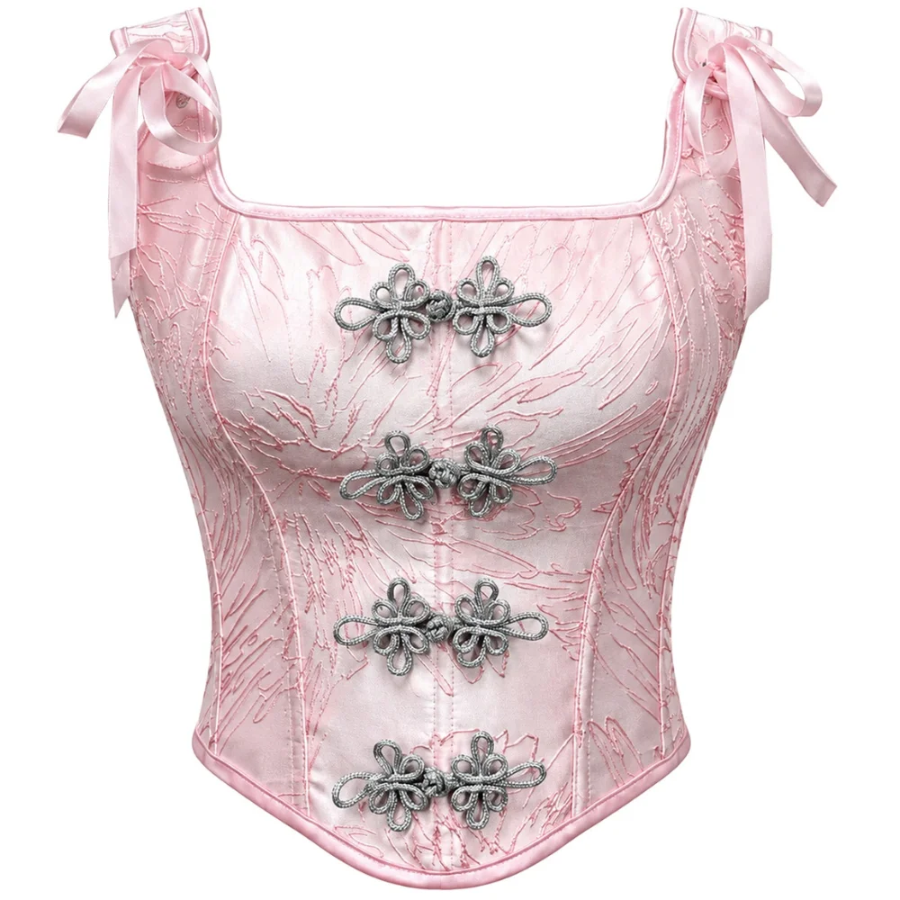 Women Chinese Style Satin Corset Top Frog Button Tie Strap Back Lace Up Waist Cincher Bustier
