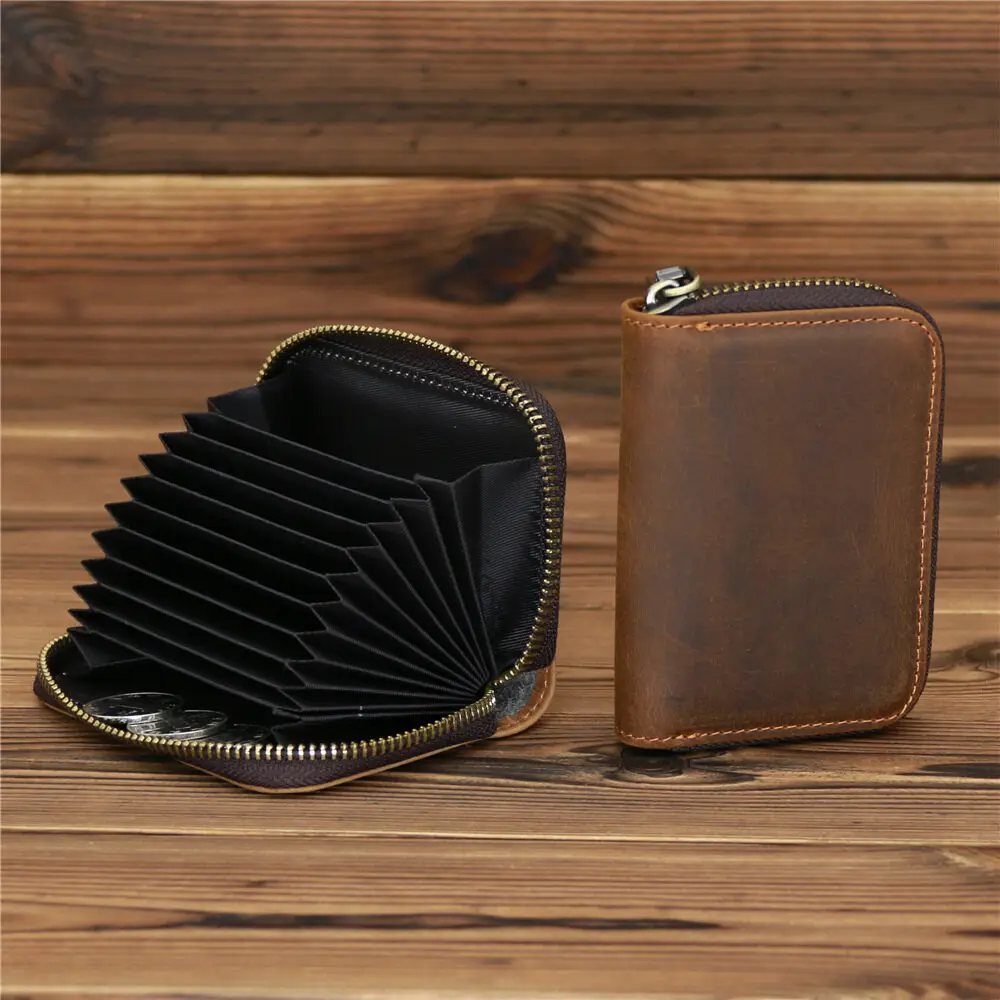 Retro VIP ID Bank Credit Card Holder Zipper Organ Wallet Slim Small Cards Cases Crazy Horse Genuine Leather Mens Card Bag