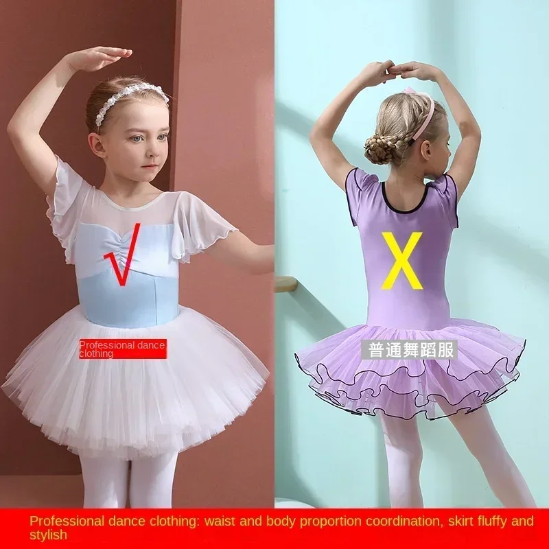 여자 발레 댄스 복장 키즈 레이스 퍼프 슬리브 코튼 키즈 레오타드 + 스커트 여자 체조 댄스웨어 발레 용 레오타드