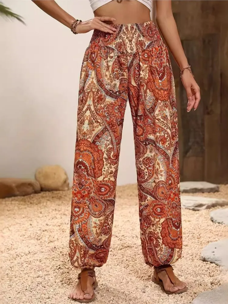 

2024 Spring Pencil Pants Women Commuting Vintage New Floral Print Drawstring Long Pantalones For Female's Casual Daily Trousers