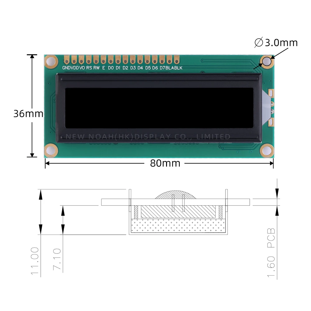 Rusia BTN Film kuning 1602A 3.3V layar tampilan LCD 02*16 80*36*11MM ST7066U 16PIN Pengembangan Skema dukungan 1.5 inci