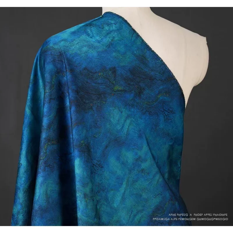 Artificial silk blue printed fabric, handmade, suitable for DIY sewing