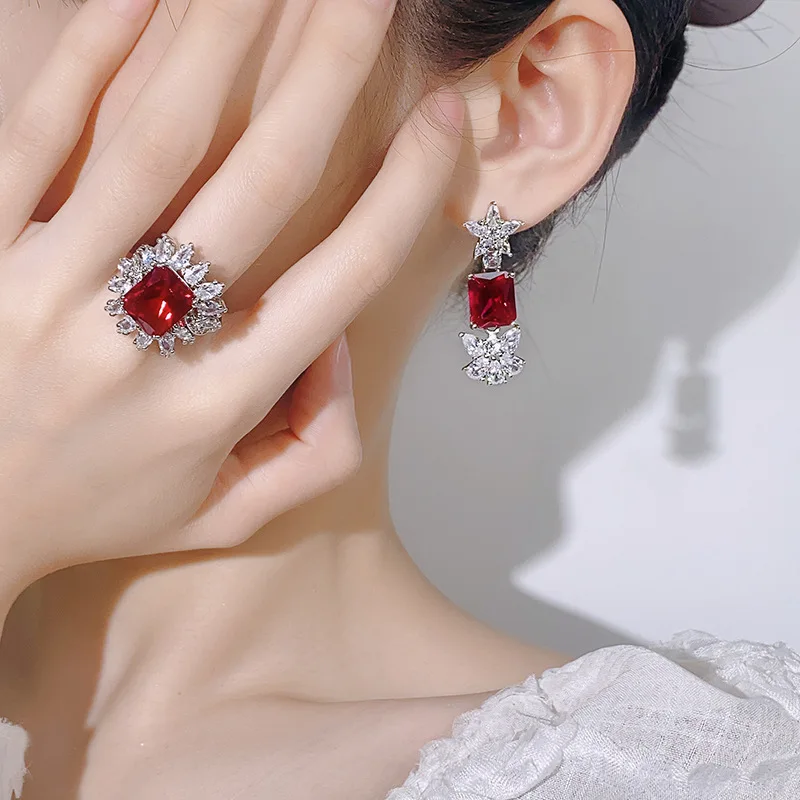 Silver Plated Jewelry Set Square Synthetic Ruby Emerald Zircon Sun Ring Star Butterfly Drop Earrings European Women Luxury Suit