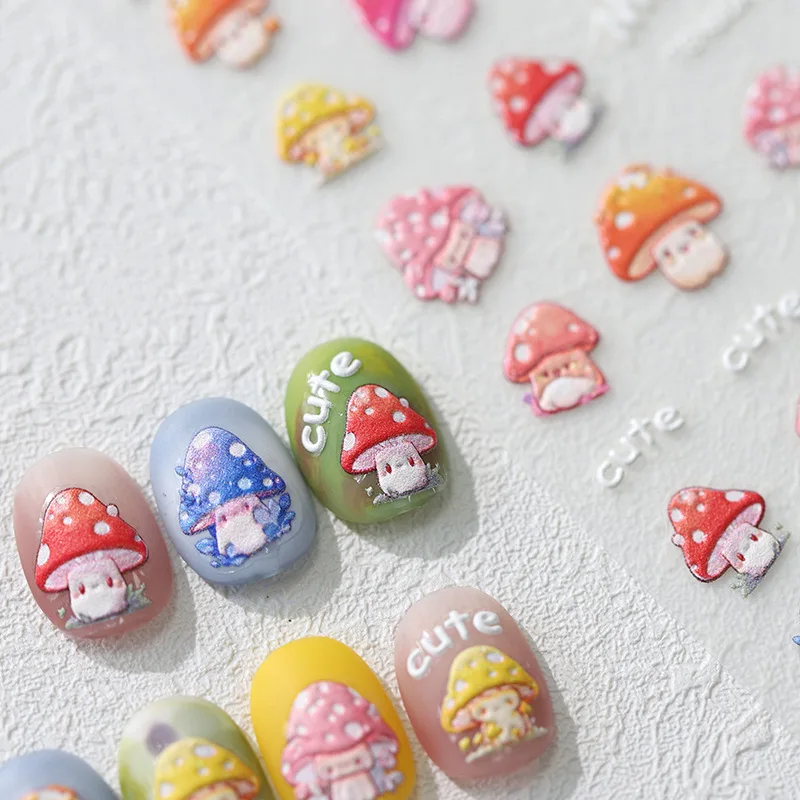 1pcs 5D Relief Nail Sticker Kawaii Mushroom Embossed Cartoon Self Adhesive Slider Press On Nails DIY Nail Art Decorations Decals