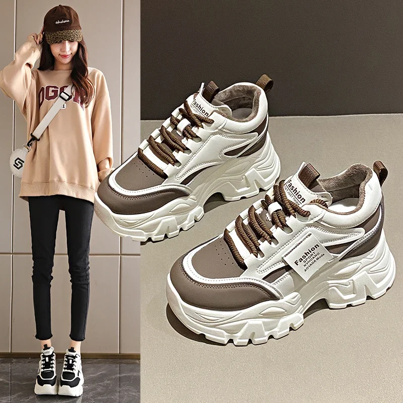 

Women Shoes Thick-soled Vulcanized Round Toe Lace-up Casual Sneakers Keep Warm Medium Heel Leisure Running Zapatillas De Deporte