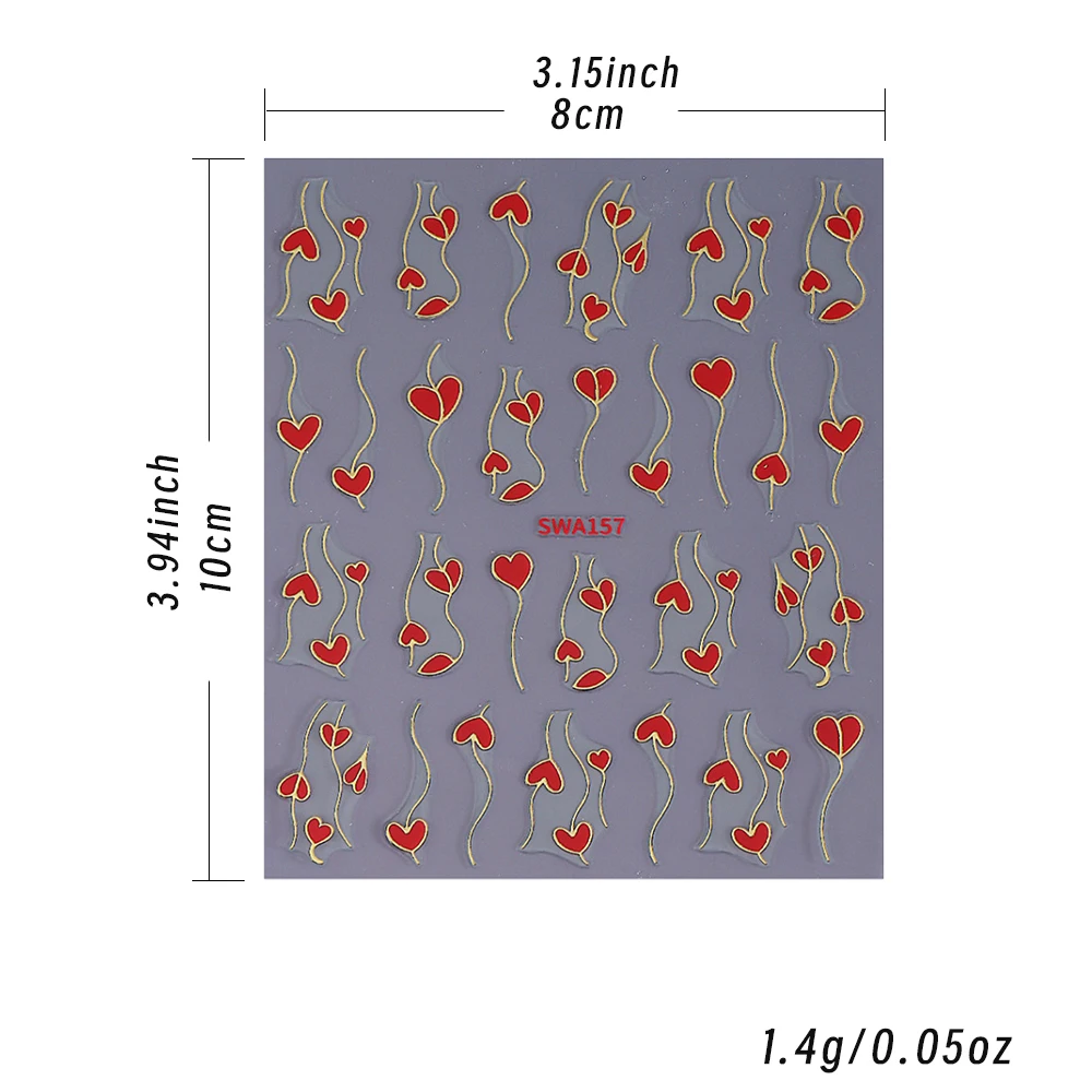 1 ورقة الأحمر الحب القلب بالون ثلاثية الأبعاد مسمار الفن ملصقات بريق مخطط الحب القلب مطبوعة لطيف عيد الحب القلب مانيكير ملصقات فنية