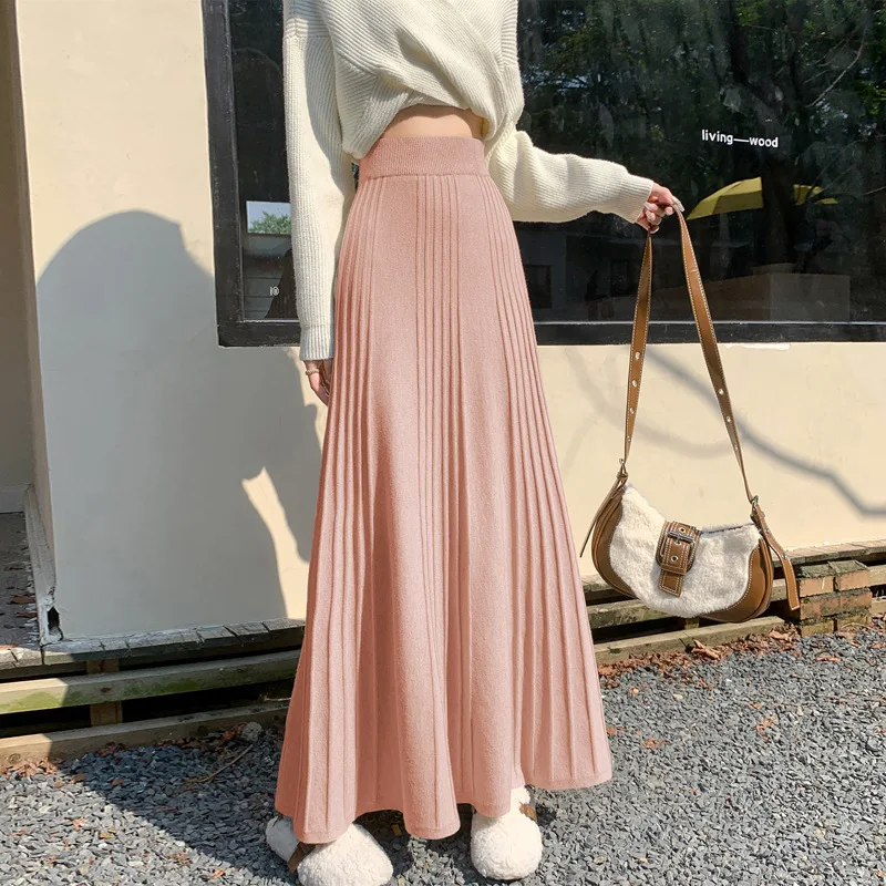 

lazy style knitted pleated skirt Autumn and winter sweater mid-length skirt to ankle high waist A-line skirt women's