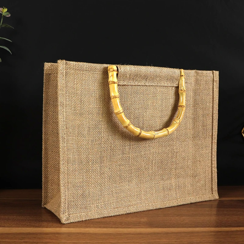 Bamboo Handle Vintage Jute Shopping Bag Cotton Linen Handbag Home Supermarket Shopping Bag Eco-friendly Large Capacity