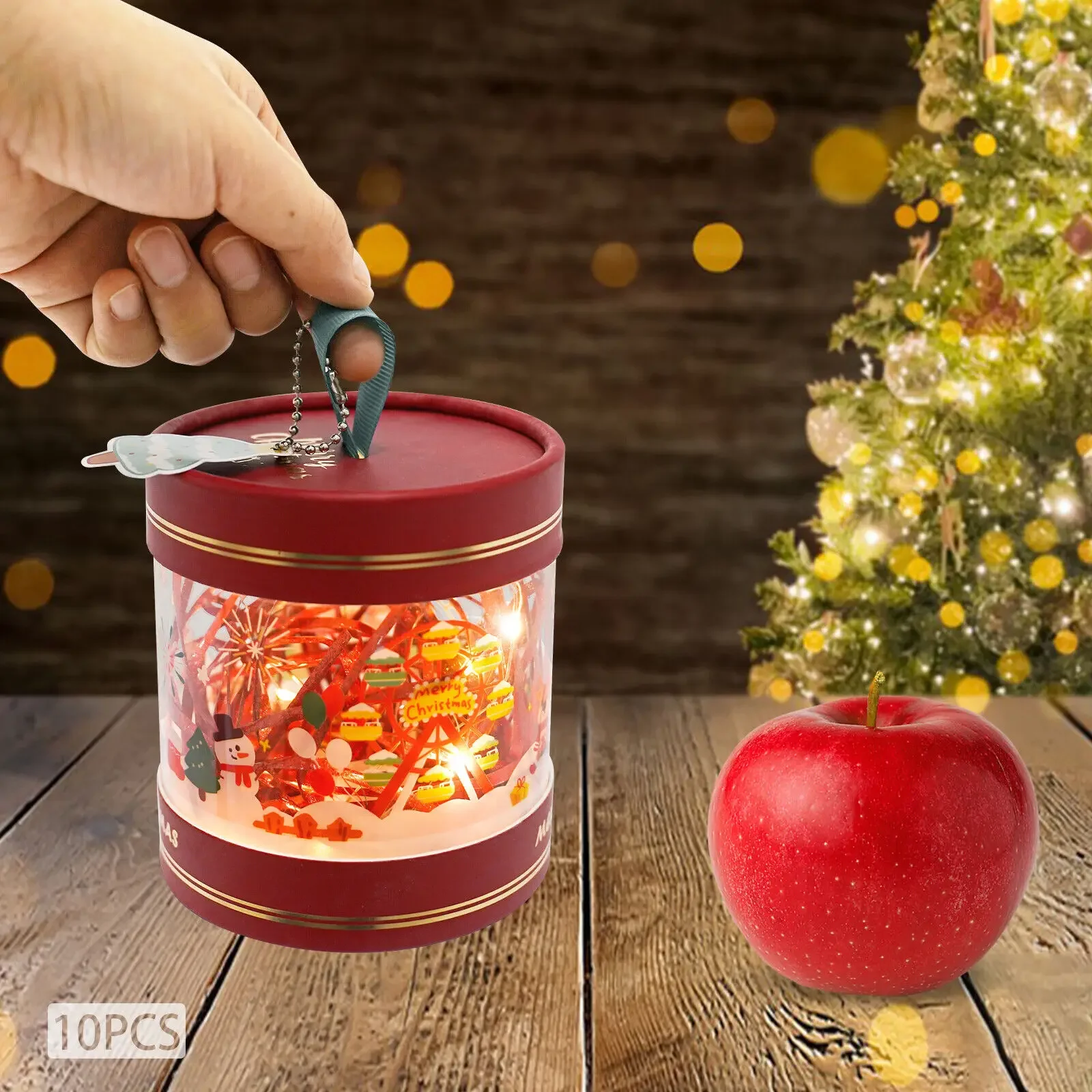 

10-Pack Christmas LED Candy Gift Box with Ambient Lighting PVC+Cardboard Apple-Shaped Storage (10×11cm with String Lights)