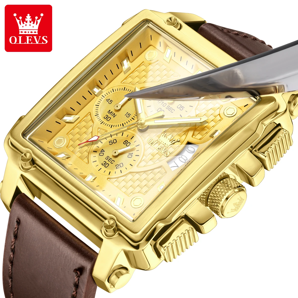 Relojes para hombre de marca OLEVS, reloj de cuarzo con cronógrafo y correa de cuero resistente al agua para hombre, reloj de pulsera masculino genuino con esfera cuadrada dorada y fecha