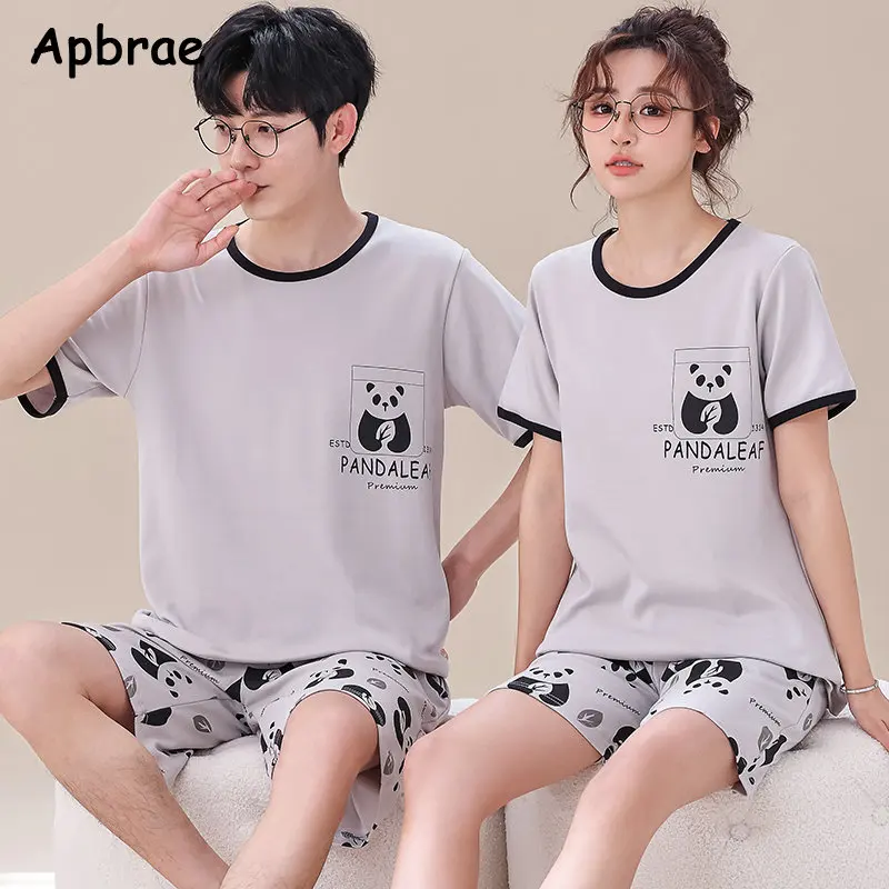 Young Couple\'s Pajamas Summer Short Sleeve Shorts Knitted Cotton Breathable Men and Women Loungewear Cartoon Bear Print Pijamas