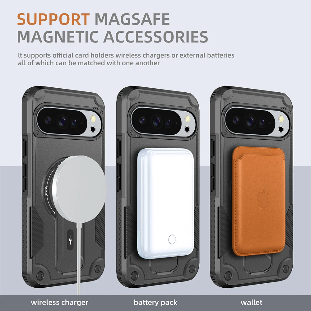 Shockproof Rugged Magnetic Charging Invisible Stand Phone Case for Google Pixel 10 9 Pro XL Military Grade Protective Cover