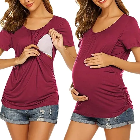 New Maternity Clothes Womens Short Sleeve Crew Neck Solid Color Asymmetrical Flap Nursed Tops Casual T Shirt For Breastfeeding