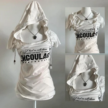 Vrouwen kleding y2k steek Retro tops Witte Korte Mouwen T-shirts voor Vrouwen Punk Vintage Tops met Capuchon Basic Grunge Slanke Tees
