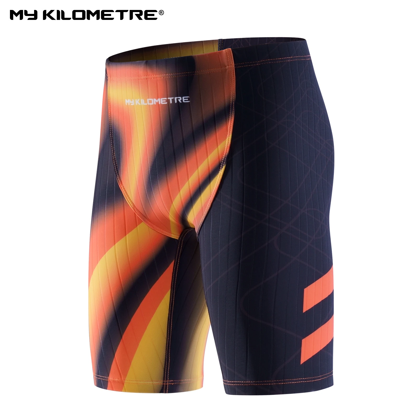 MY KILOMETRE Boy's Athletic Polyester Jammer Swimsuit Training Swimming Shorts for Kids Swimming Trunks Print Orange S-2XL