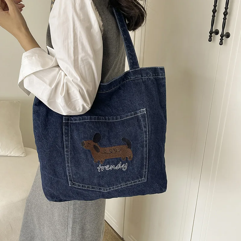 Korean Embroidered Puppy Denim Tote Bag New Casual Large Capacity Textured Shoulder Bag Women Versatile Commuting Bag